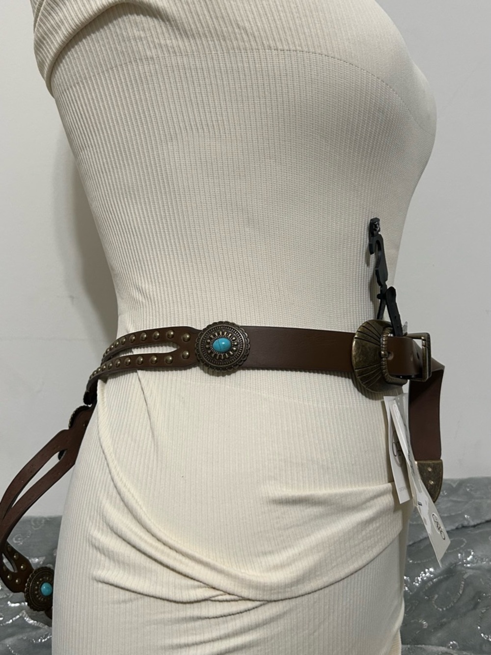 NWT Cato Western-Style Brown Leather Belt with Turquoise Accents 1X2X - Picture 4 of 5